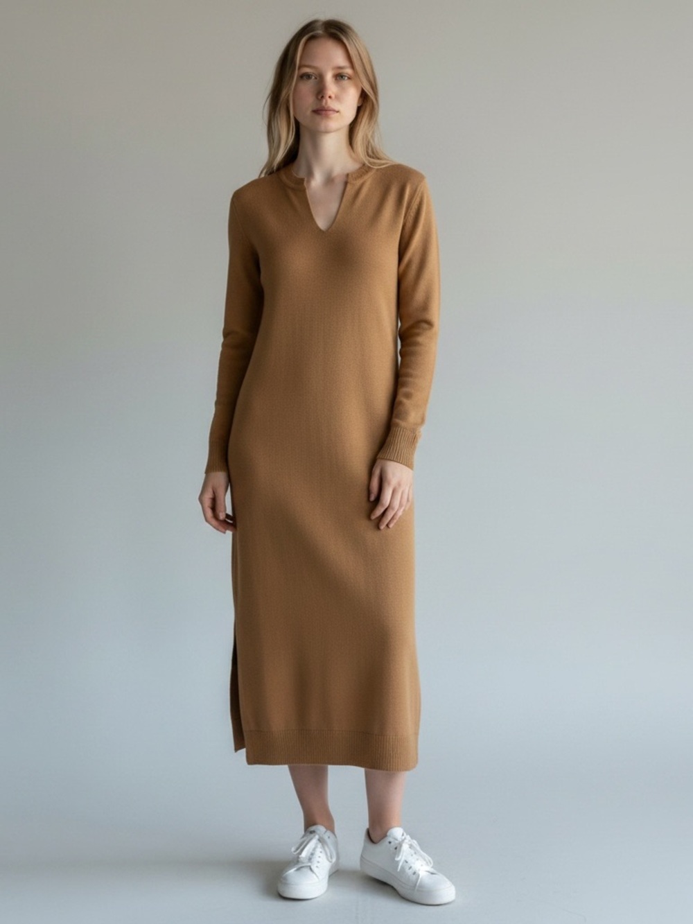 Equipment Camel Long-Sleeve V-Neck 100% Wool Maxi Dress Size Large